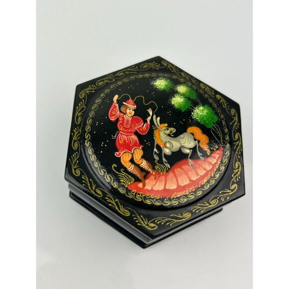 Artist Signed Russian Black Lacquer Trinket Box Hexagon Boy Donkey Pony READ - Picture 4 of 15